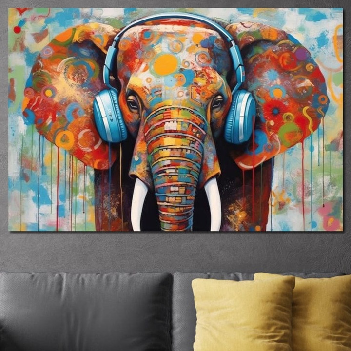 Tablou Canvas Premium, LuxCanva® M1312, Melodia Savanei, 100 X 150 CM, Panza Bumbac 100% 400g/m2, Sasiu Lemn, Funky, Ritm, Muzica, Elefant, Casti, Abstract, Pictura, Graffiti, Urban, Tribal, Colorat, Modern, Urban, Birou, Living, Camera Copil