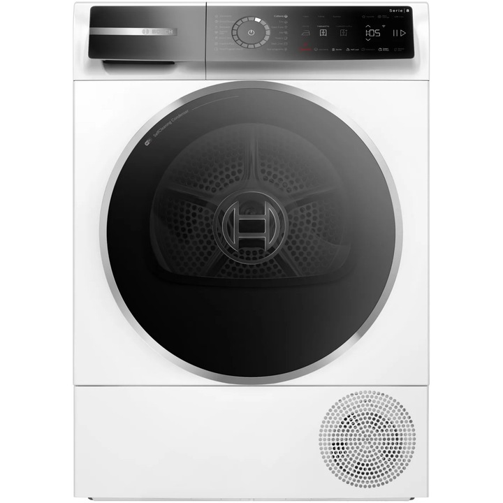 Uscator de rufe Bosch Seria 8 WQB246CNBY, Pompa de caldura, 9 Kg, 14 programe, AutoDry, Iron Assist, Condensator cu autocuratare, Touch control, EcoSilence Drive, SmartDry, Home Connect, Iluminare interioara, Clasa B, Alb