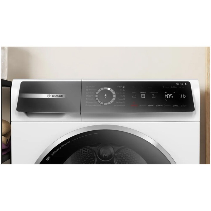 Uscator de rufe Bosch Seria 8 WQB246CNBY, Pompa de caldura, 9 Kg, 14 programe, AutoDry, Iron Assist, Condensator cu autocuratare, Touch control, EcoSilence Drive, SmartDry, Home Connect, Iluminare interioara, Clasa B, Alb