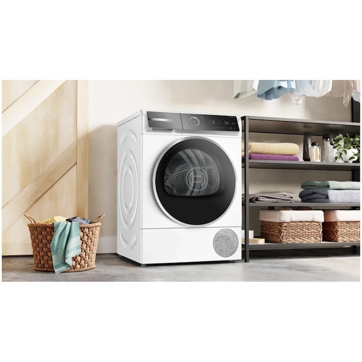 Сушилня Bosch 8 Series WQB246DNBY, Термопомпа, 9 кг, 14 програми, AutoDry, Самопочистващ се кондензатор, Вътрешно осветление, Touch control, Smart Dry, EcoSilence Drive, Home Connect, Клас B, Бял