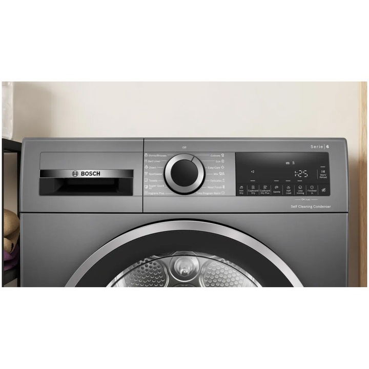 Uscator de rufe Bosch WQG245DREU, Pompa de caldura, 9 Kg, 14 programe, AutoDry, Condensator cu autocuratare, EcoSilence Drive, Clasa C, Argintiu