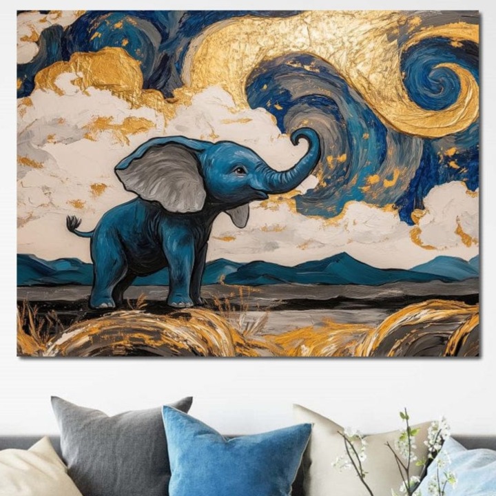 Tablou Canvas Premium, LuxCanva® M1314, Taramul Sclipirilor, 90 X 120 CM, Panza Bumbac 100% 400g/m2, Sasiu Lemn, Auriu, Valuri, Trompa, Oniric, Elefantel, Pictat, Vis, Dragalas, Magic, Arta Abstracta, Birou, Living, Camera Copil