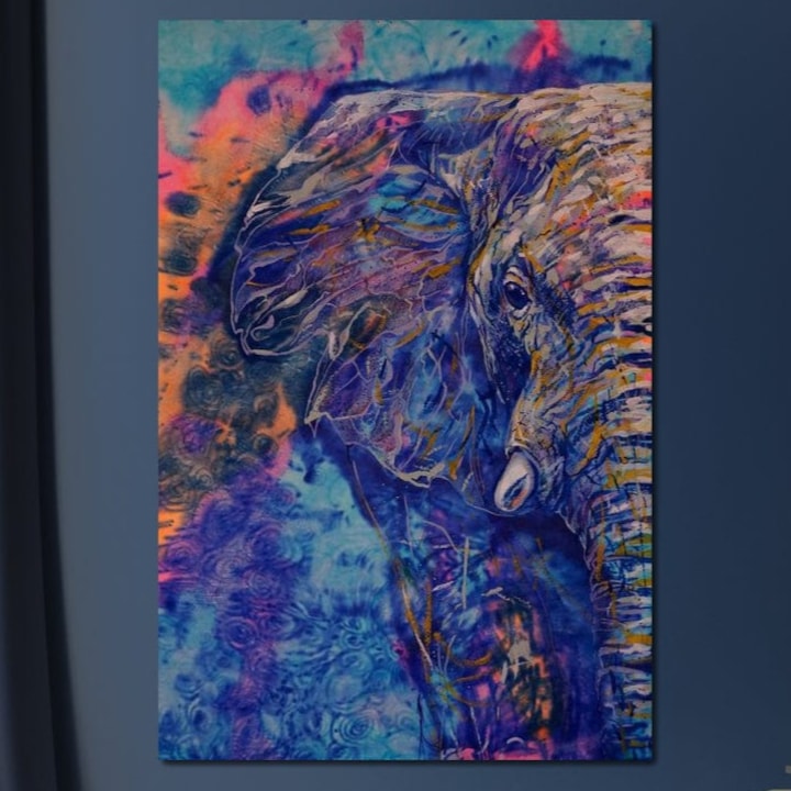 Tablou Canvas Premium, LuxCanva® M1315, Gigantul din Nebuloasa, 100 X 150 CM, Panza Bumbac 100% 400g/m2, Sasiu Lemn, Abstract, Multicolor, Culori Vibrante, Arta Moderna, Texturat, Elefant, Profil, Fantezie, Birou, Living, Camera Copil