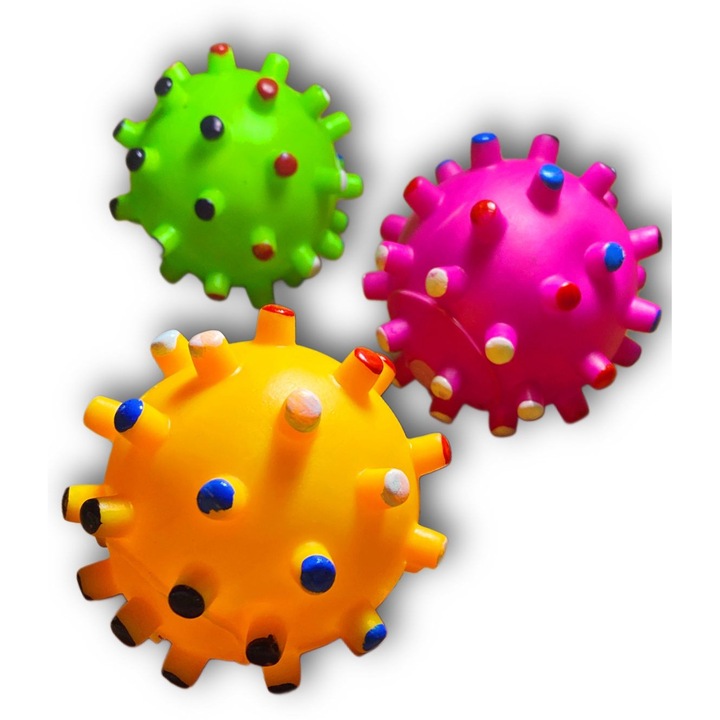 Set de 3 mingi cu tepi si sunet pentru catei, 7 cm, multicolore