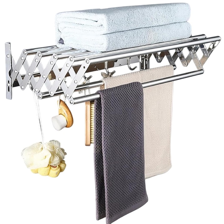 Suport extensibil pentru haine si prosoape, awwaline, argintiu, inox, 7 bare, 5 carlige, 13-35 cm x 60 cm x 14.5 cm