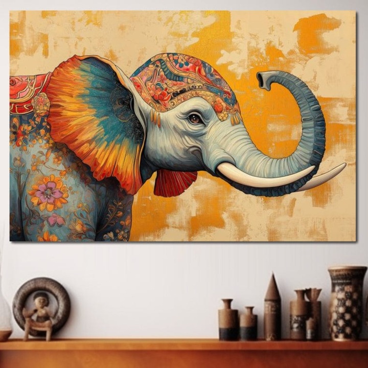 Tablou Canvas Premium, LuxCanva® M1316, Poveste din Orient, 70 X 100 CM, Panza Bumbac 100% 400g/m2, Sasiu Lemn, Floral, Armonie, Oriental, Etnic, Urechi, Elefant, Profil, Arta Murala, Abstract, Birou, Living, Camera Copil