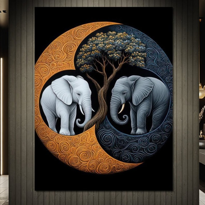 Tablou Canvas Premium, LuxCanva® M1317, Sub Copacul Vietii, 90 X 120 CM, Panza Bumbac 100% 400g/m2, Sasiu Lemn, Yin si Yang, Elefanti, Echilibru, Zen, Copac, Intelepciune, Conexiune, Meditatie, Natura, Abstract, Birou, Living, Camera Copil