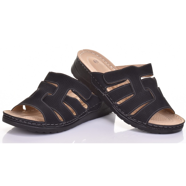 Slapi Martinus cu platforma din spuma, negri, piele ecologica, foarte usori, pentru vara