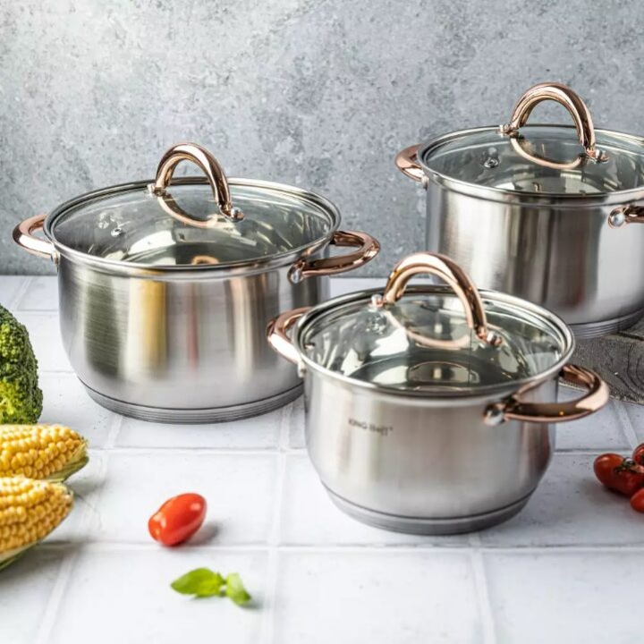 Set 3 oale cu capac Kinghoff, dimensiuni 16x18x20cm, culoare golden-rose