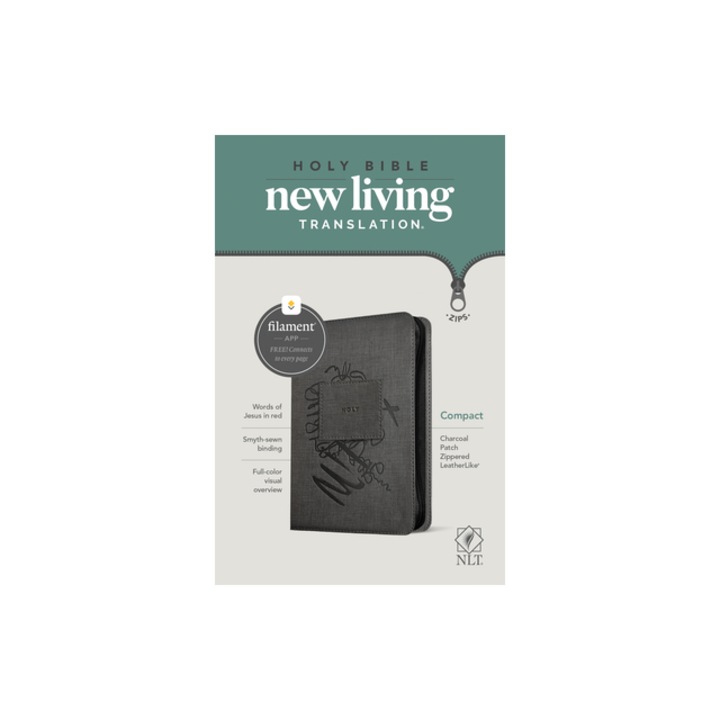 NLT Compact Zipper Bible, Filament Enabled Edition Red Letter, Leatherlike, Charcoal Patch, Tyndale