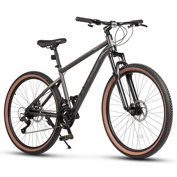 Bicicleta MTB de munte Velors Mercury JSX27301, cadru cu cabluri integrate, suspensie fata, roata 27.5 inch, cauciuc profil MTB, frana disc fata/spate, 21 viteze, gri cu negru