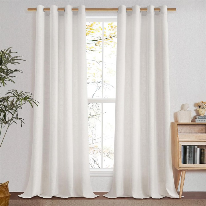 Комплект от 2 завеси MRTREES, полупрозрачни, закопчаване с халки, имитация на лен, 140 x 260 см, естествен бежов цвят