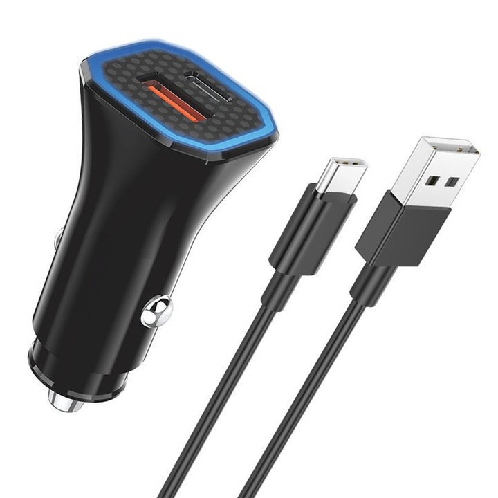 DaDen 38W-os gyors autós töltő, USB-C kábellel, USB-A és USB-C (C típusú), QC3.0 gyorstöltés, 12V-24V kompatibilis, fekete