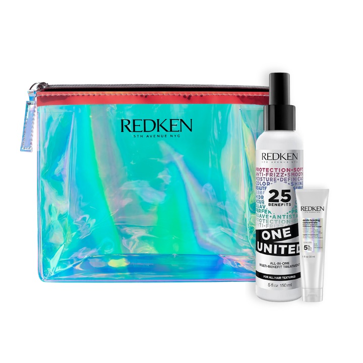 Set Redken One United Leave-in multibeneficii 150ml + Tratament Leave-In cu acid citric pentru par deteriorat 30ml si Pouch Redken Holographic