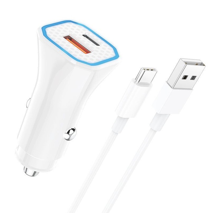 DaDen 38 W-os gyors autós töltő, USB - C típusú kábellel, USB-A és USB-C (C típusú), QC3.0 gyorstöltés, 12–24 V-os kompatibilis, fehér
