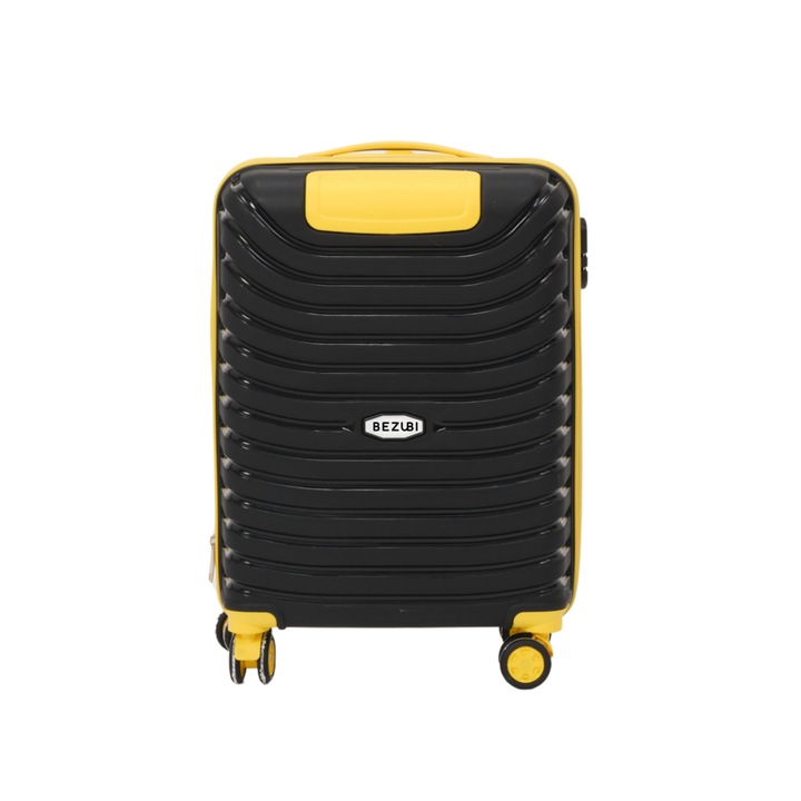 Repülőgép kabin gurulós bőrönd, Bezubi, 40x30x20cm, kézipoggyász, biztonságos cipzárral, kombinált, hosszú teleszkópos fogantyú, 4 dupla kerékkel, levehető, 360°, tartós ABS bőrönd, 2 rekesz zsebbel, 10kg+, fekete-sárga