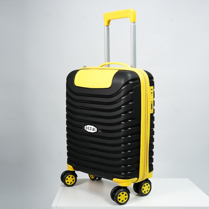 Troler cabina avion, Bezubi, 40x30x20cm, bagaj de mana, cu fermoar sigur, cifru, maner telescopic lung, geamantan cu 4 roti duble, detasabile, 360°, valiza ABS rezistent, 2 compartimente cu buzunar, 10kg+, negru galben
