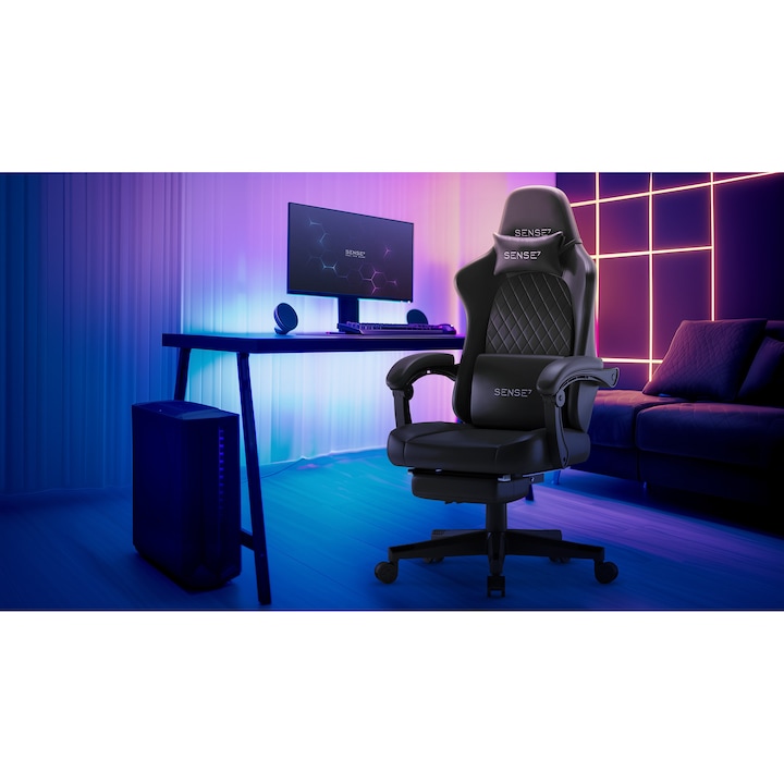 Геймърски стол SENSE7 DEVON, екокожа, 120 кг, черен