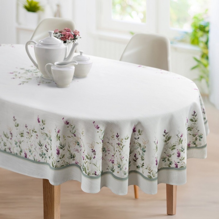 Fată de masă Eurofirany, 140x260cm crem, design floral, poliester