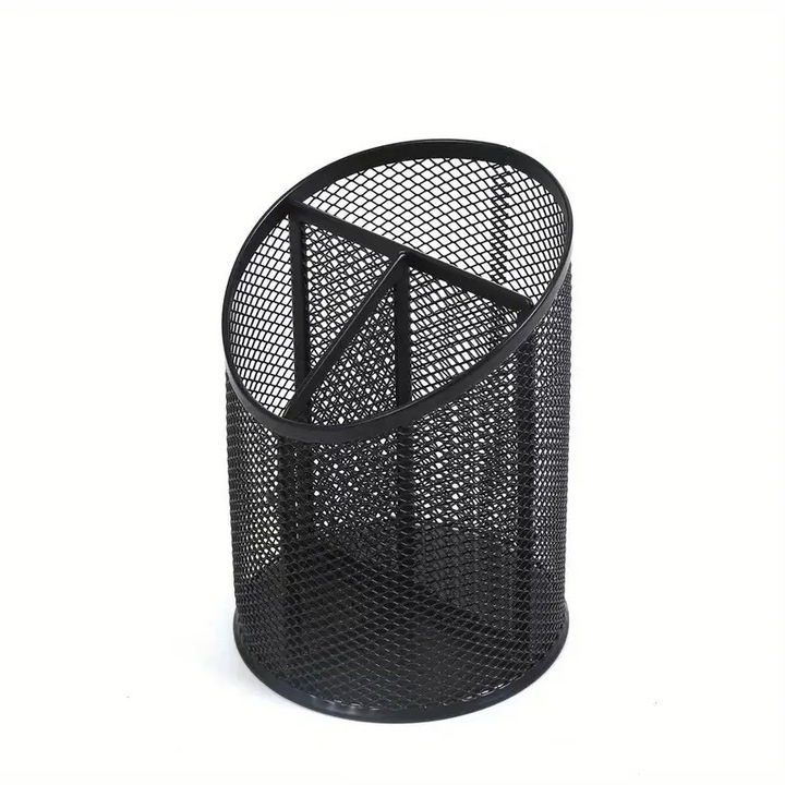 Organizator pentru birou din metal, cu 3 compartimente, pentru pixuri, accesorii, creioane, carioci, Organizare eficienta, Negru