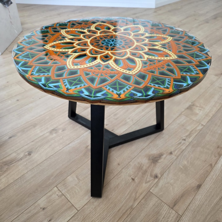 Кръгла маса от дърво и епоксидна смола - Уникален дизайн - Мандала 60X60X48 см