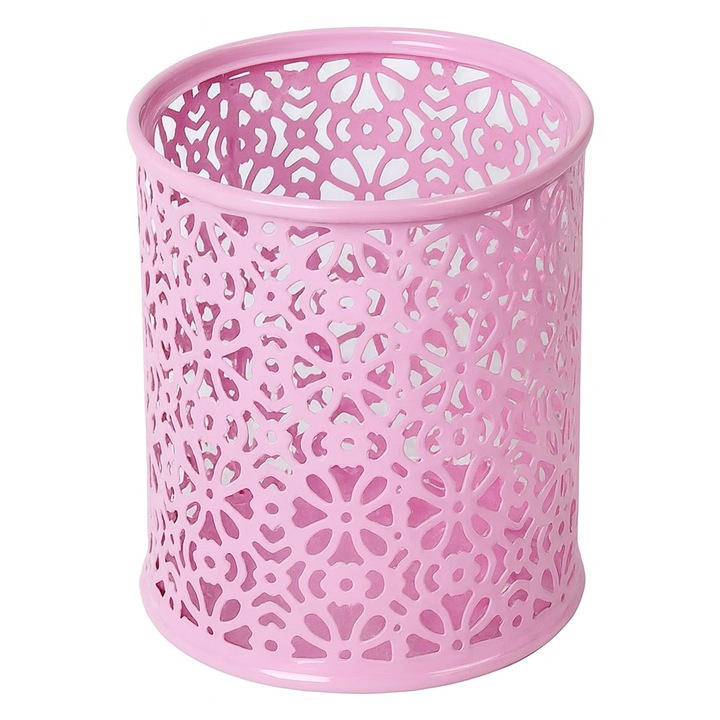 Organizator birou metalic rotund, roz, 10x8cm, pentru pixuri si accesorii