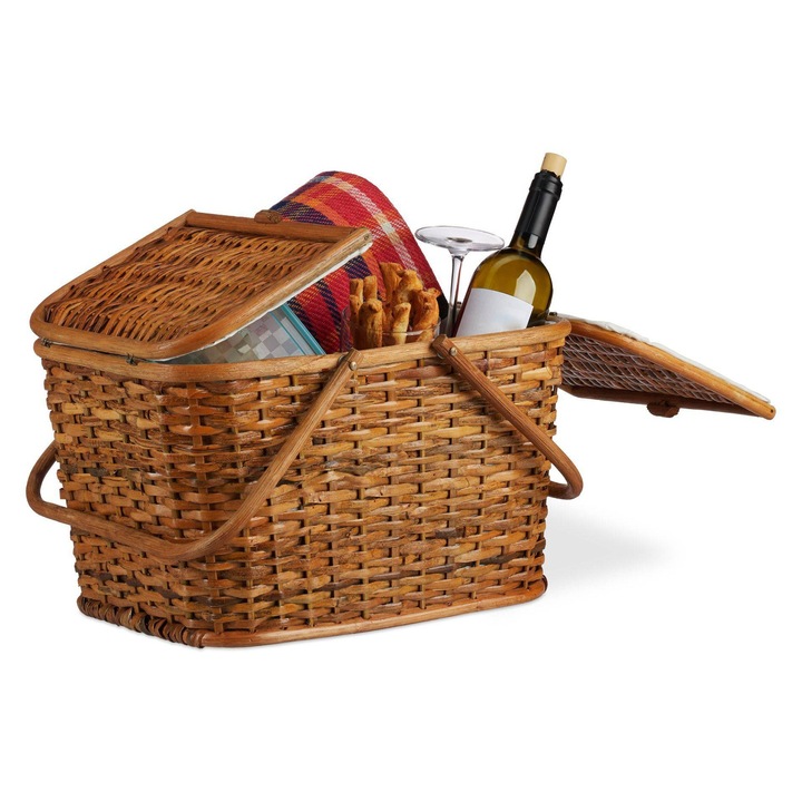Cos de picnic Ayawaska din ratan natural, cu capac si maner, maro, 27x45x34cm