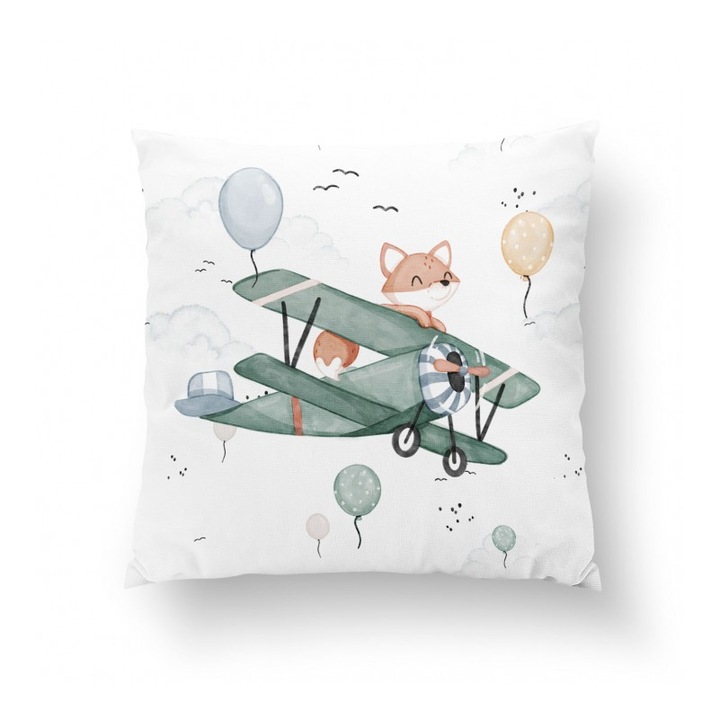 Material textil, Panou de bumbac 38x38 cm Sus si departe Vulpe intr-un avion, bumbac 100%