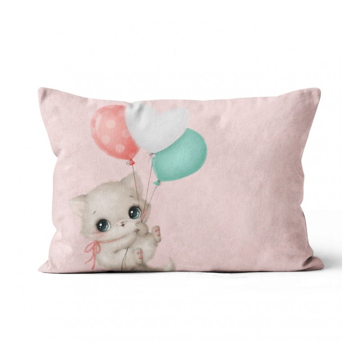 Material textil, Panou de bumbac 30x40 cm Little cuties roz Cat cu baloane, bumbac 100%