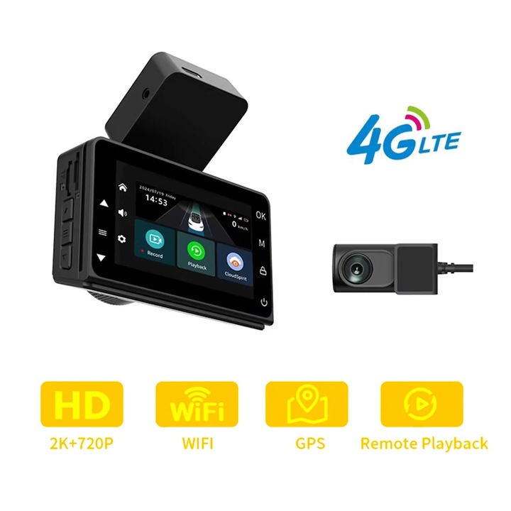 Автомобилна камера Noar Connect 4G, 2K предна камера + 720P задна камера, 4G връзка със SIM карта, дистанционно наблюдение, G-сензор, цикличен запис, управление чрез приложение, нощно виждане, 128 GB MicroSD карта, подарък