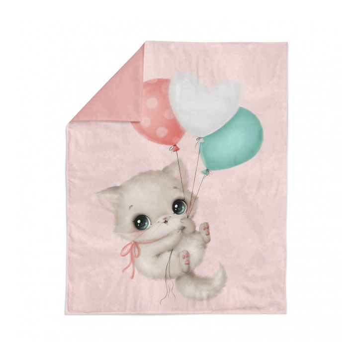 Material textil, Panou de bumbac 75x100 cm Little Sweets Roz: Pisica cu baloane, bumbac 100%