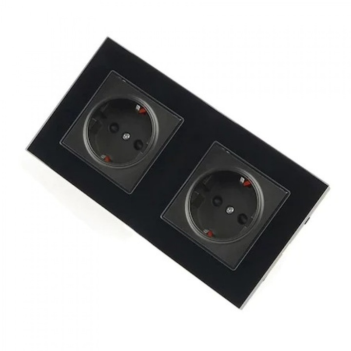 Priza dubla Elit'S, Rama sticla,16A/250v/IP20, Protectie copii,8010Fkb-2