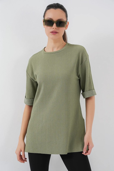 HiCCUP noi polo, texturalt rovid ujju, zold polieszterbol., Zsályaszínű