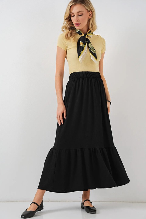 Fusta maxi, HiCCUP, texturata, talie elastica, negru, poliester-lycra, Negru