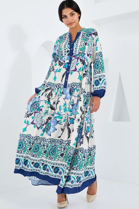 Дамска макси рокля HiCCUP, с принт, вискоза, дълги ръкави, многоцветна