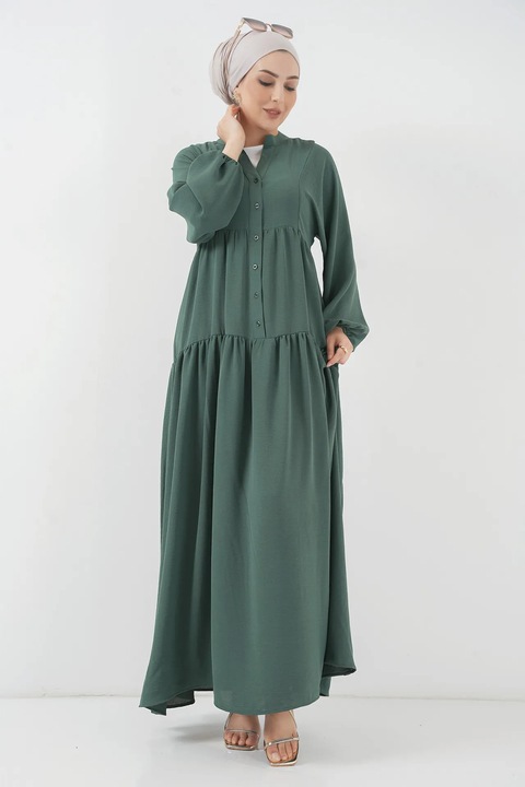 Rochie maxi, HiCCUP, decolteu in V, cu nasturi, verde, textil