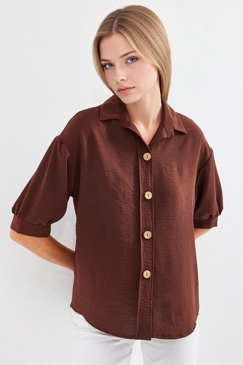 Camasa dama supradimensionata HiCCUP, maro, poliester si lycra