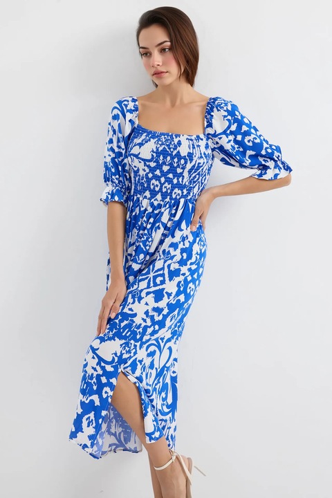 Rochie albastră HiCCUP cu imprimeu floral și guler pătrat, Albastru