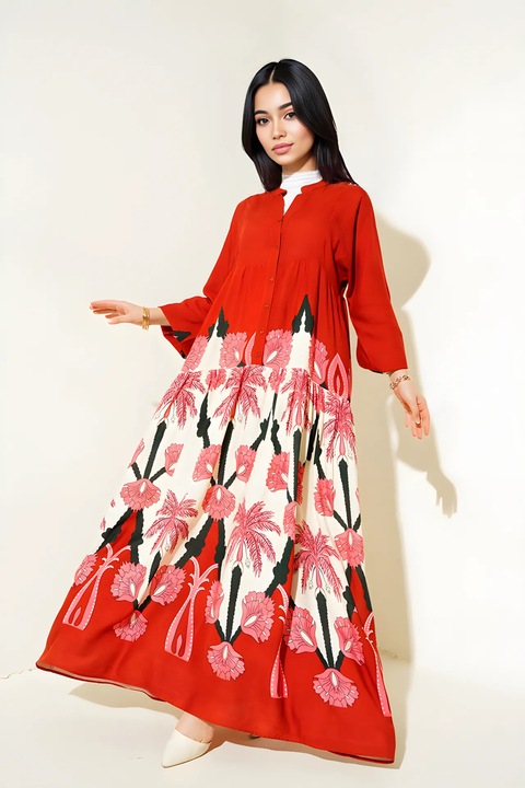 Rochie maxi cu maneci lungi dama HiCCUP, viscoza, cu imprimeu, multicolor