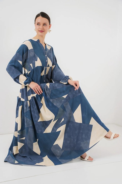 Rochie maxi, Big Dart, imprimeu, ecru/albastru, viscoza, 2XL INTL