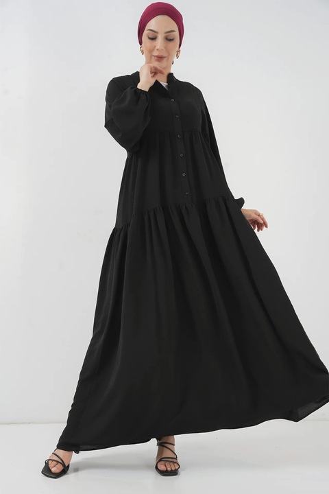 Rochie maxi, HiCCUP, decolteu in V, inchidere cu nasturi, neagra, textil, Negru