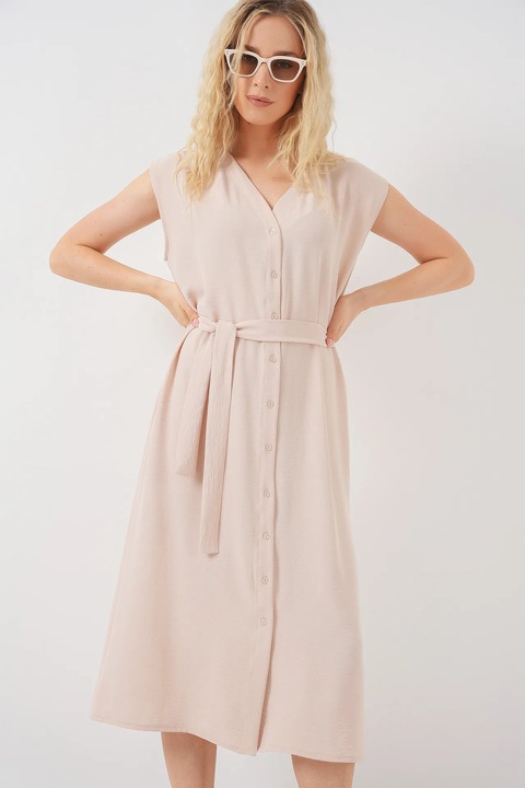 Rochie midi dama, poliester/elastan, HiCCUP, decolteu in V, bej