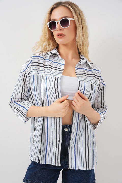 Camasa dama, HiCCUP, cu dungi, maneci trei sferturi, albastru, bumbac