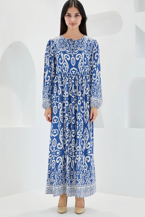 Дамска макси рокля, HiCCUP, с щампа, закопчаване с връзки, вискоза, бяло/синьо