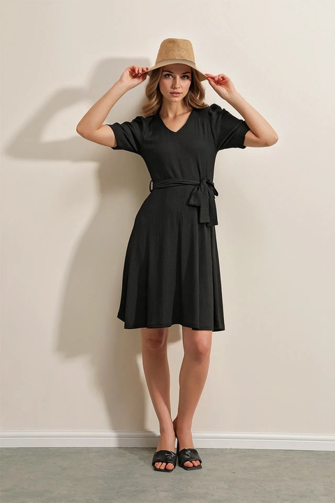 Rochie midi, HiCCUP, tricotata, decolteu in V, funda, negru, jerseu