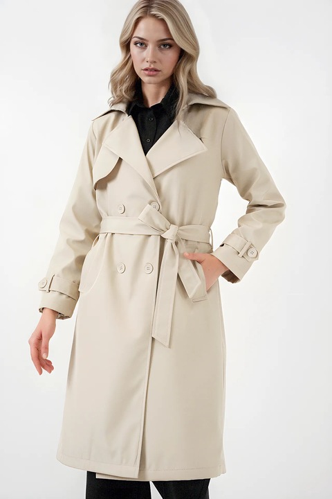 Palton dama, HiCCUP, captusit, cu doua randuri de nasturi, poliester, bej