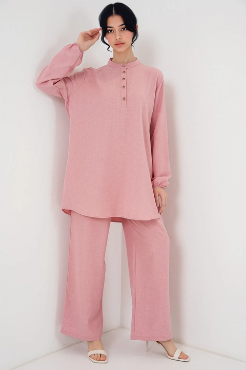 Set doua piese, HiCCUP, tunica cu maneca lunga si pantaloni lati, roz, amestec de in si viscoza