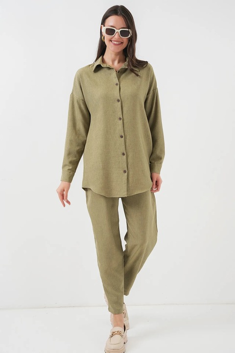 Compleu dama HiCCUP, camasa cu maneca lunga si pantaloni, viscoza/in, verde