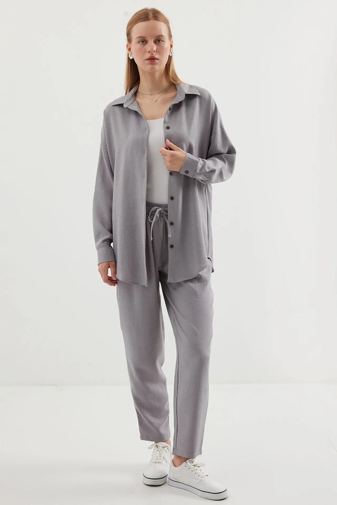 Compleu dama HiCCUP, camasa cu maneca lunga si pantaloni, viscoza/in, gri