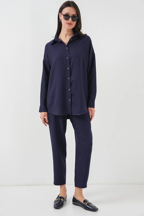 Set doua piese, HiCCUP, camasa cu maneca lunga si pantaloni, bleumarin, textil, S INTL